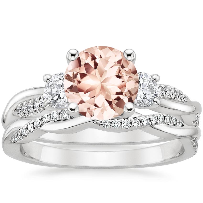18KW Morganite Three Stone Petite Twisted Vine Diamond Bridal Set (1/2 ct. tw.), top view