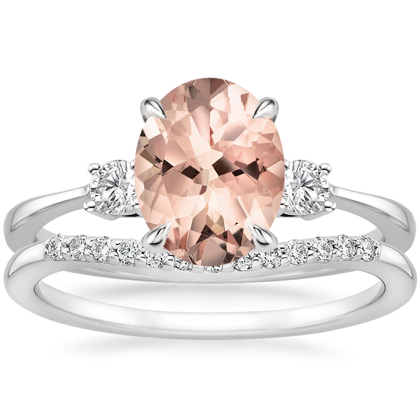 18KW Morganite Selene Diamond Ring with Petite Curved Diamond Ring, top view