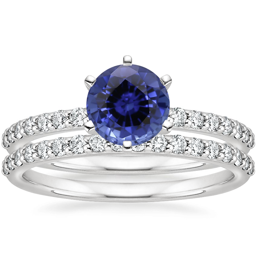 18KW Sapphire Six Prong Petite Shared Prong Diamond Bridal Set, top view