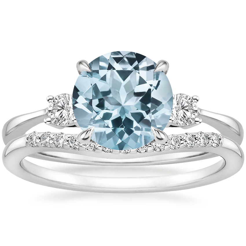 18KW Aquamarine Selene Diamond Ring with Petite Curved Diamond Ring, top view