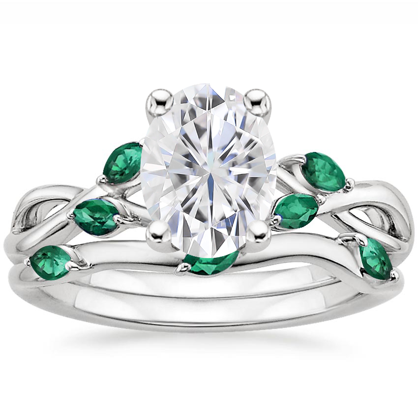 PT Moissanite Willow Bridal Set With Lab Emerald Accents, top view
