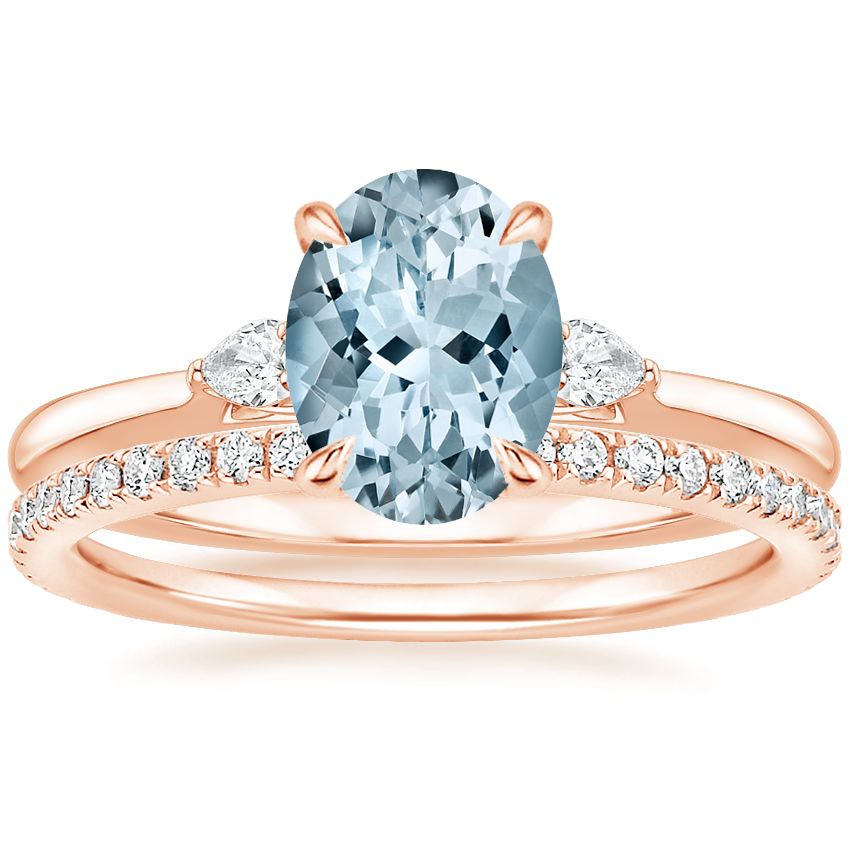 14KR Aquamarine Perfect Fit Three Stone Pear Diamond Ring with Luxe Ballad Diamond Ring, top view