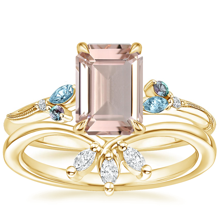 18K Yellow Gold Camellia Indigo Milgrain Ring with Abelia Diamond Ring