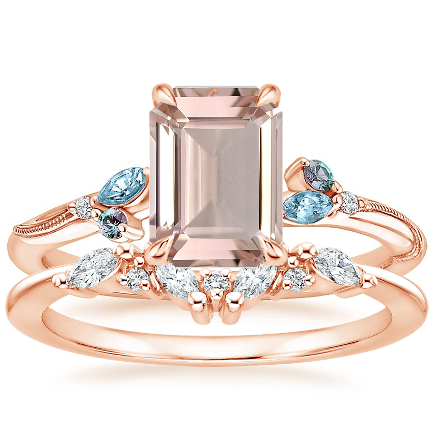 14K Rose Gold Camellia Indigo Milgrain Ring with Yvette Diamond Ring