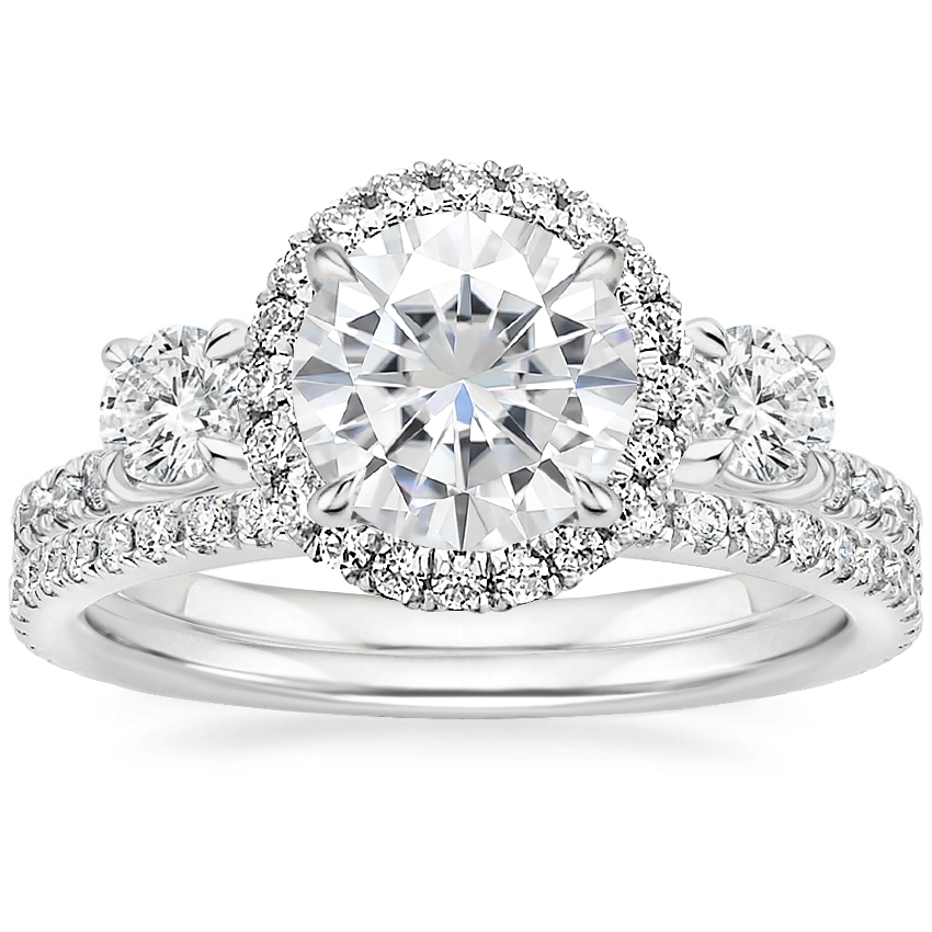18KW Moissanite Three Stone Waverly Diamond Ring with Luxe Ballad Diamond Ring, top view