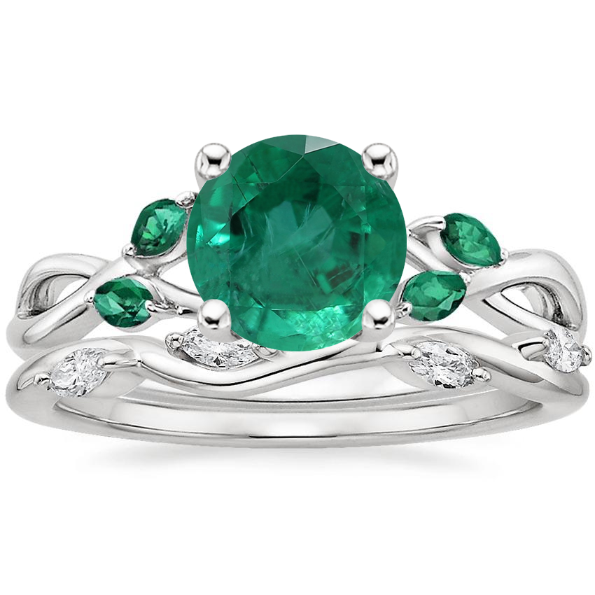 18K White Gold Willow Ring With Lab Emerald Accents with Winding Willow Diamond Ring 1 8 ct. tw