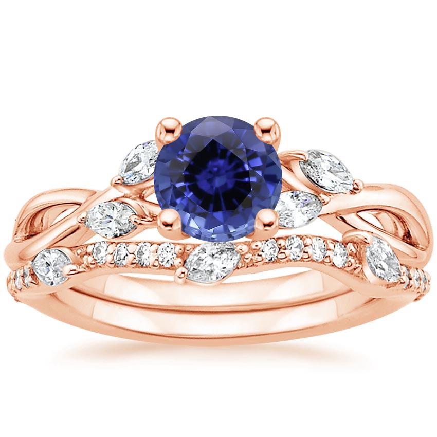 14KR Sapphire Willow Diamond Ring (1/8 ct. tw.) with Luxe Willow Diamond Wedding Ring (1/5 ct. tw.), top view