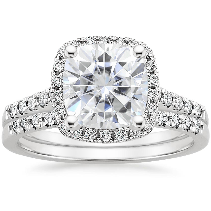 18KW Moissanite Odessa Diamond Ring (1/5 ct. tw.) with Sonora Diamond Ring (1/8 ct. tw.), top view