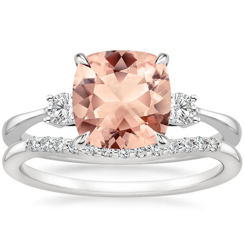 18KW Morganite Selene Diamond Ring with Petite Curved Diamond Ring, top view
