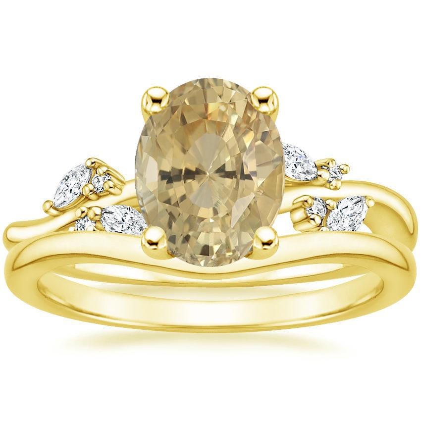 18K Yellow Gold Arden Diamond Ring with Petite Curved Wedding Ring