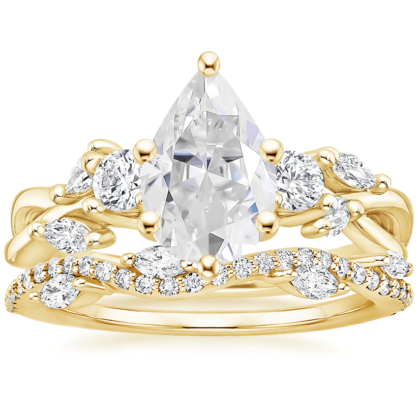 18K Yellow Gold Three Stone Willow Diamond Ring (1/3 ct. tw.) with Luxe Winding Willow Diamond Ring (1/4 ct. tw.)