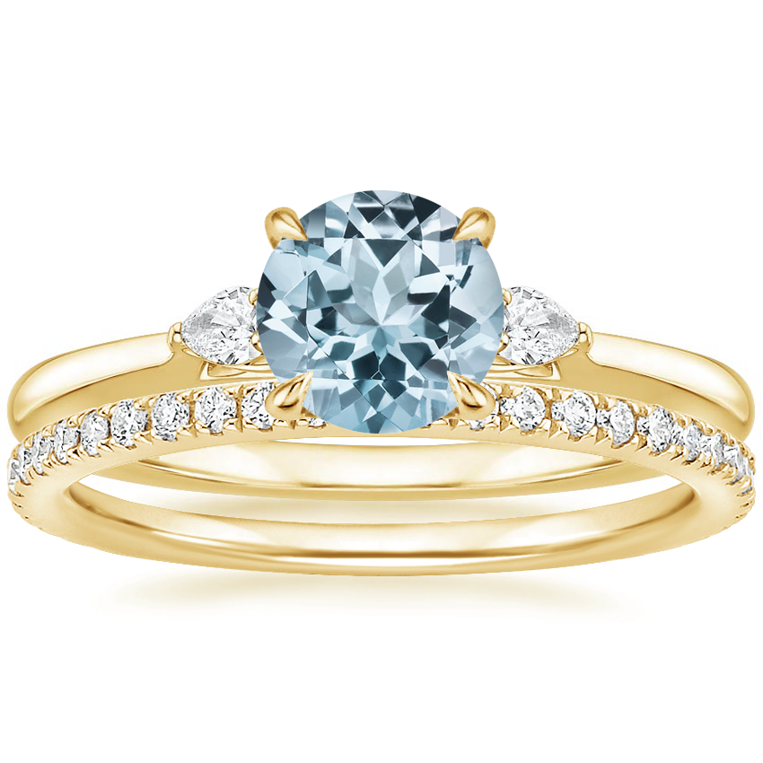 18KY Aquamarine Perfect Fit Three Stone Pear Diamond Ring with Luxe Ballad Diamond Ring, top view
