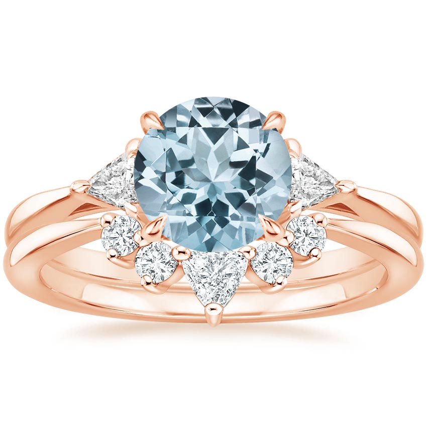 14KR Aquamarine Trillion Three Stone Diamond Engagement Ring with Hadley Contoured Diamond Ring, top view