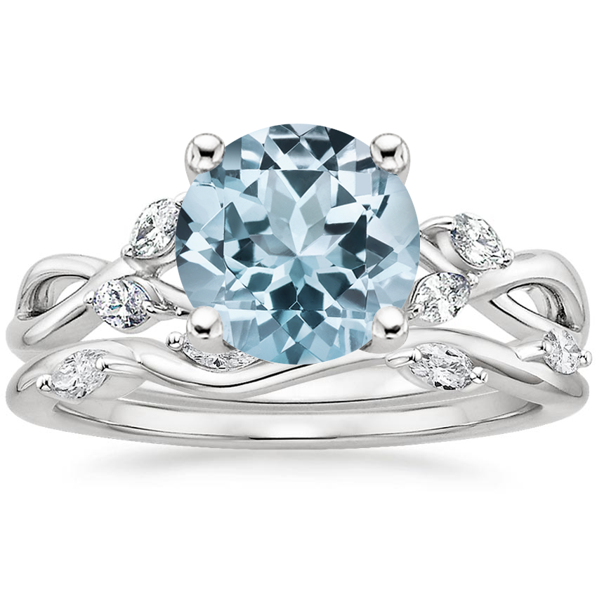 18KW Aquamarine Willow Diamond Ring (1/8 ct. tw.) with Winding Willow Diamond Ring (1/8 ct. tw.), top view