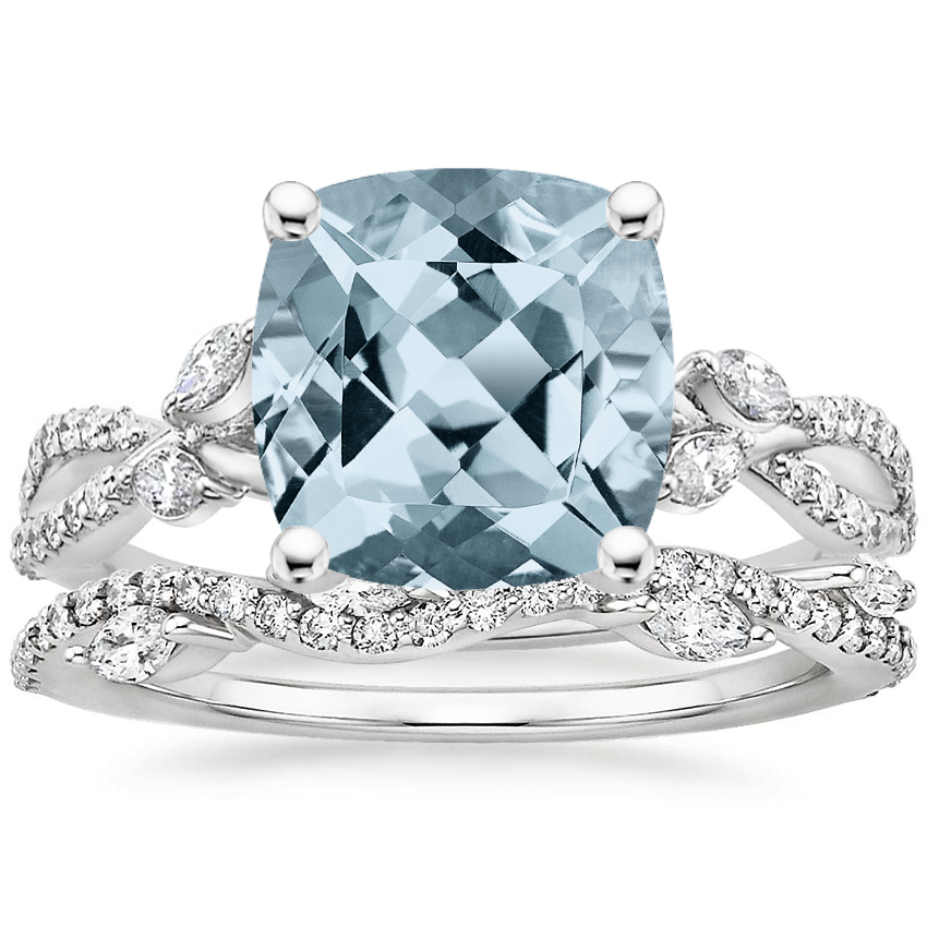 18KW Aquamarine Luxe Willow Diamond Ring (1/4 ct. tw.) with Luxe Winding Willow Diamond Ring (1/4 ct. tw.), top view