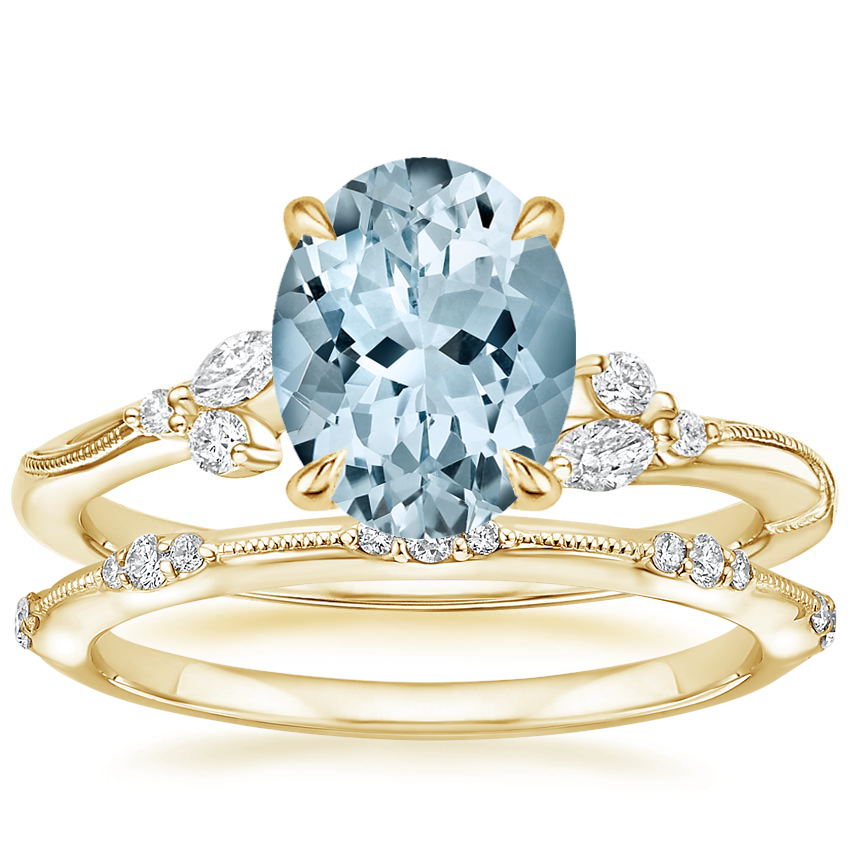 18KY Aquamarine Camellia Diamond Ring with Alena Diamond Ring, top view