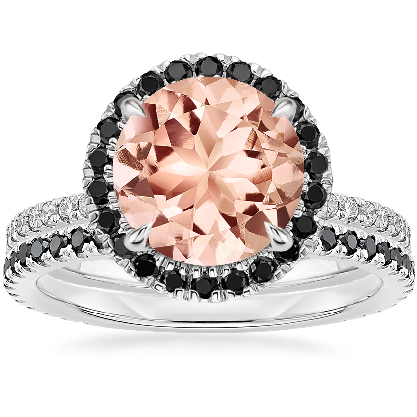 18KW Morganite Waverly Diamond Ring with Black Diamond Accents with Luxe Ballad Black Diamond Ring, top view