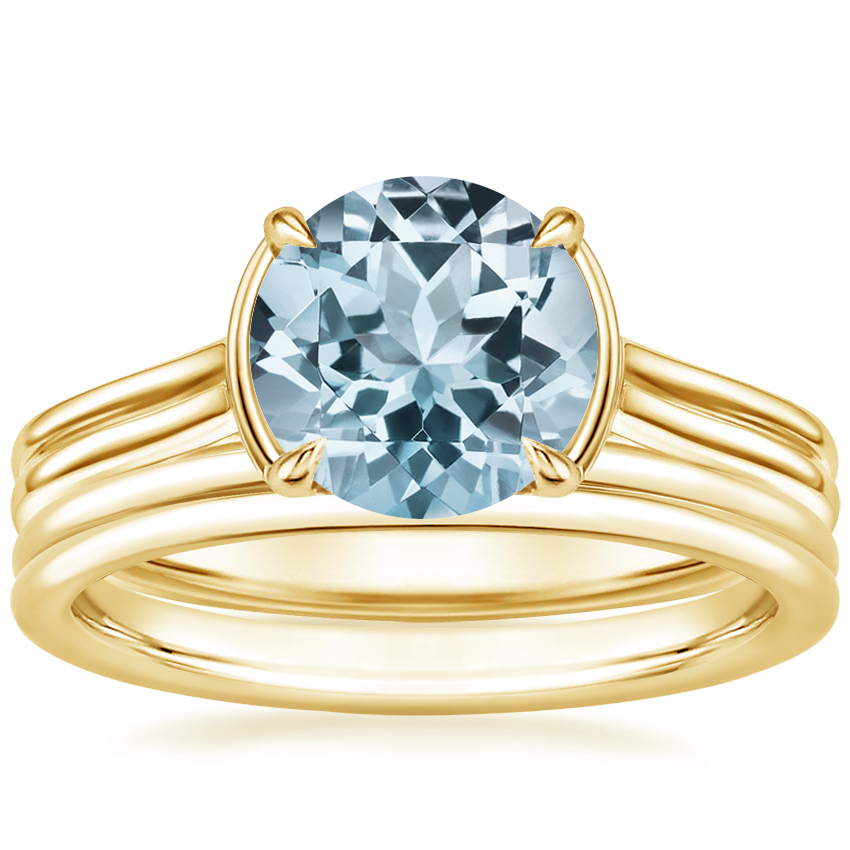18KY Aquamarine Jade Trau Alure Solitaire Ring with Sorella Double Wedding Ring, top view