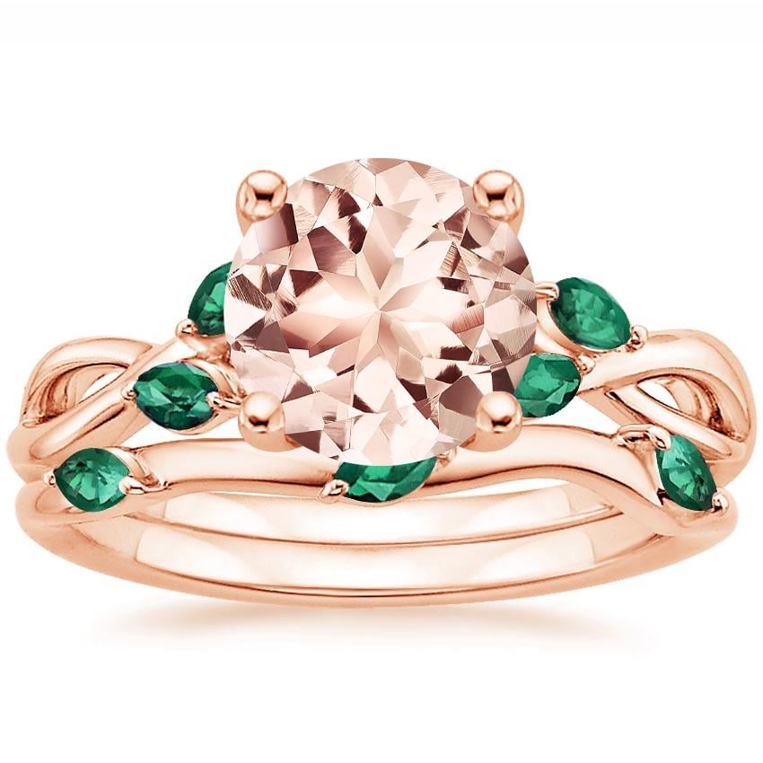 14KR Morganite Willow Bridal Set With Lab Emerald Accents, top view