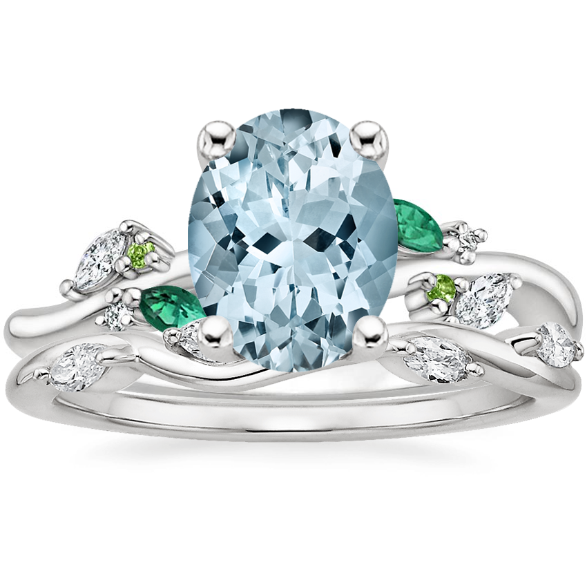 18K White Gold Arden Diamond Ring with Lab Emerald Accents with Winding Willow Diamond Ring