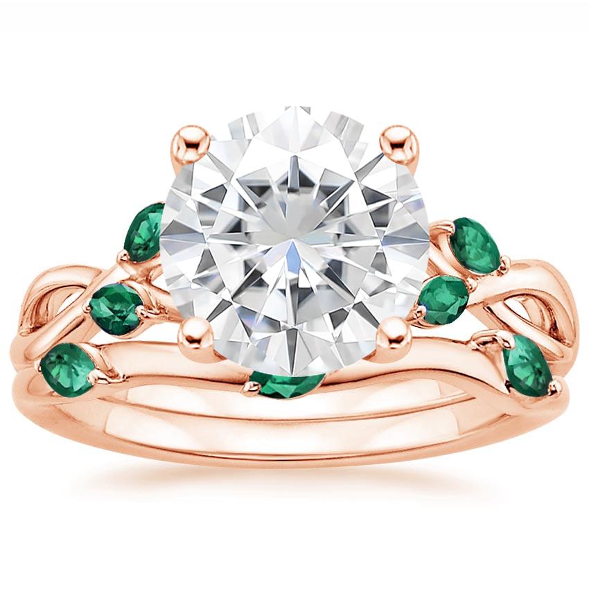 14KR Moissanite Willow Bridal Set With Lab Emerald Accents, top view