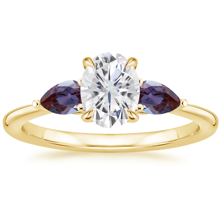 Yellow Gold Moissanite Opera Ring with Lab Alexandrite Accents