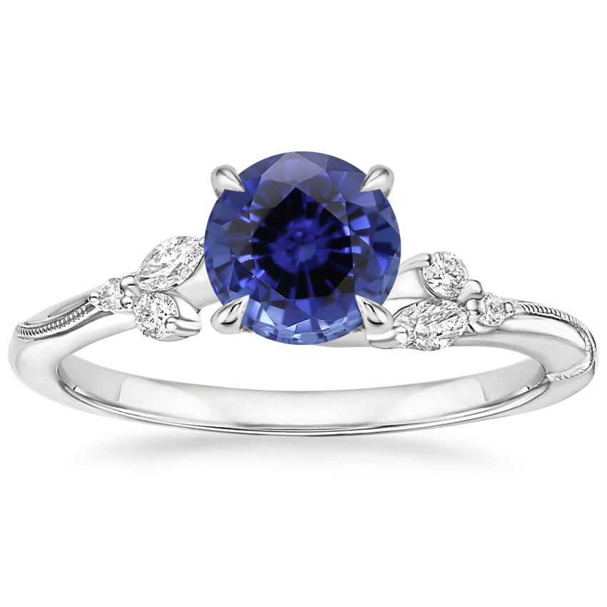 Sapphire Camellia Diamond Ring in 18K White Gold