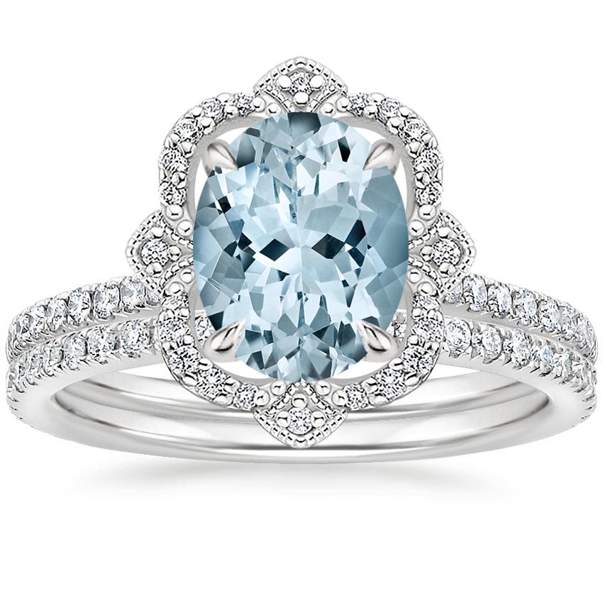 18KW Aquamarine Reina Diamond Ring with Luxe Ballad Diamond Ring (1/4 ct. tw.), top view