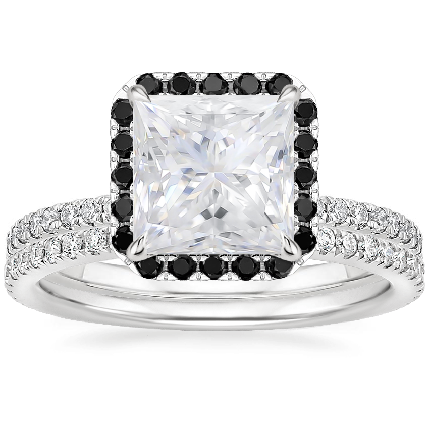 18KW Moissanite Waverly Diamond Ring with Black Diamond Accents with Luxe Ballad Diamond Ring, top view