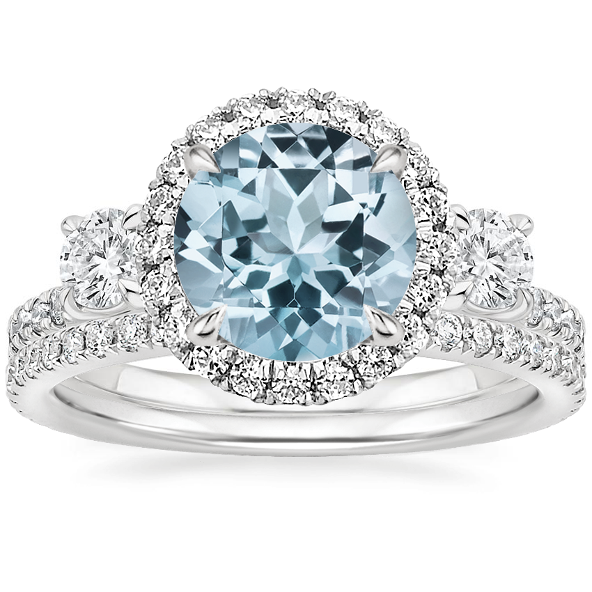18KW Aquamarine Three Stone Waverly Diamond Ring with Luxe Ballad Diamond Ring, top view