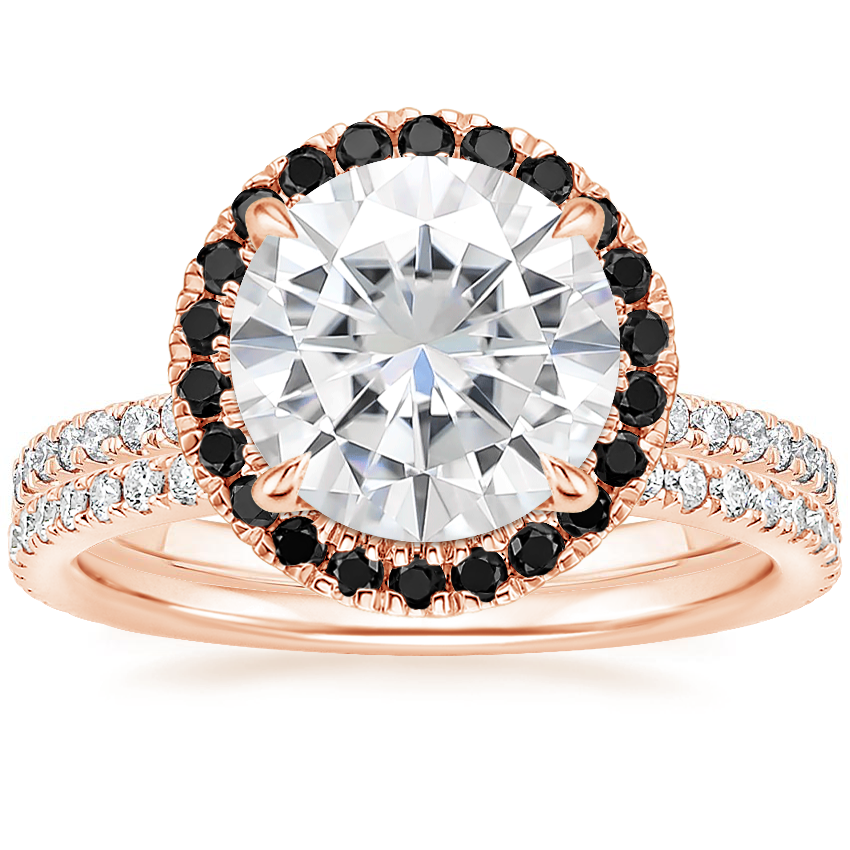 14KR Moissanite Waverly Diamond Ring with Black Diamond Accents with Luxe Ballad Diamond Ring, top view