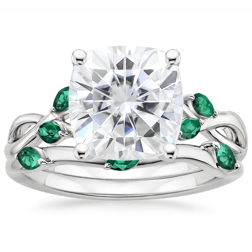 PT Moissanite Willow Bridal Set With Lab Emerald Accents, top view