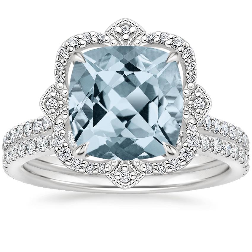 18KW Aquamarine Reina Diamond Ring with Luxe Ballad Diamond Ring (1/4 ct. tw.), top view
