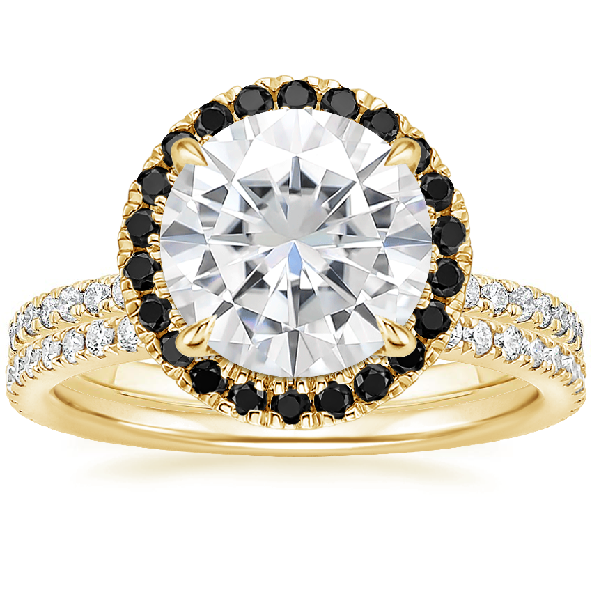 18KY Moissanite Waverly Diamond Ring with Black Diamond Accents with Luxe Ballad Diamond Ring, top view