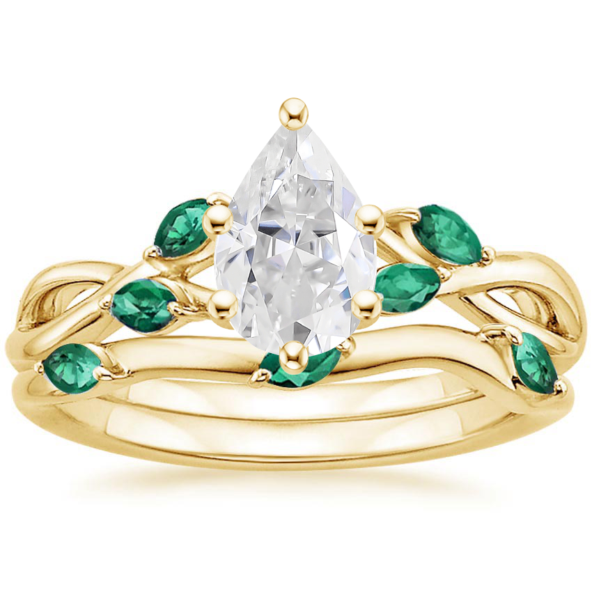 18KY Moissanite Willow Bridal Set With Lab Emerald Accents, top view