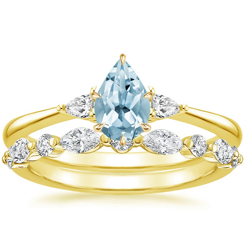 18KY Aquamarine Aria Diamond Ring (1/10 ct. tw.) with Versailles Diamond Ring (3/8 ct. tw.), top view
