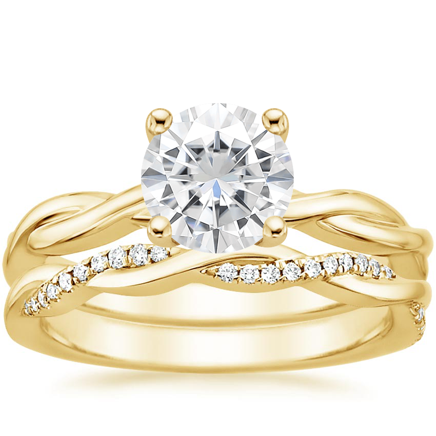 18KY Moissanite Twisted Vine Ring with Petite Twisted Vine Diamond Ring (1/8 ct. tw.), top view