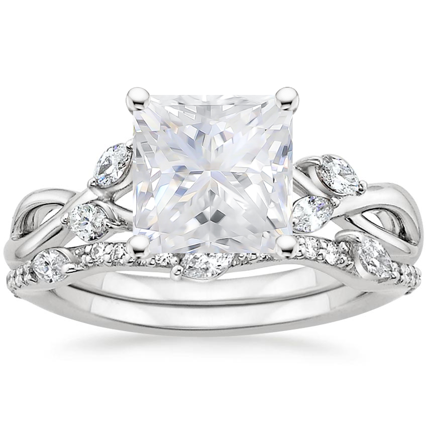 18KW Moissanite Willow Diamond Ring (1/8 ct. tw.) with Luxe Willow Diamond Wedding Ring (1/5 ct. tw.), top view