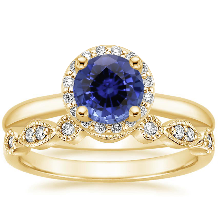 18KY Sapphire Halo Diamond Ring (1/6 ct. tw.) with Tiara Diamond Ring (1/10 ct. tw.), top view