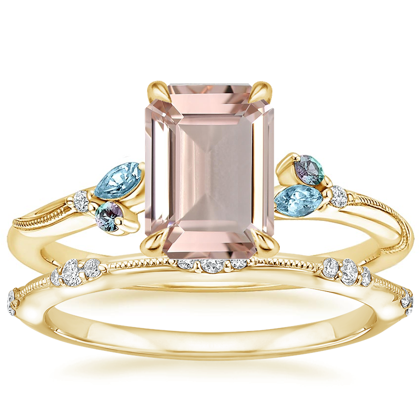 18K Yellow Gold Camellia Indigo Milgrain Ring with Alena Diamond Ring