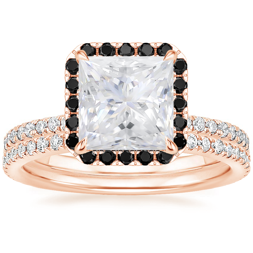 14KR Moissanite Waverly Diamond Ring with Black Diamond Accents with Luxe Ballad Diamond Ring, top view