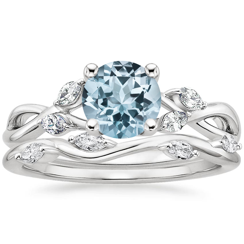 18KW Aquamarine Willow Diamond Ring (1/8 ct. tw.) with Winding Willow Diamond Ring (1/8 ct. tw.), top view