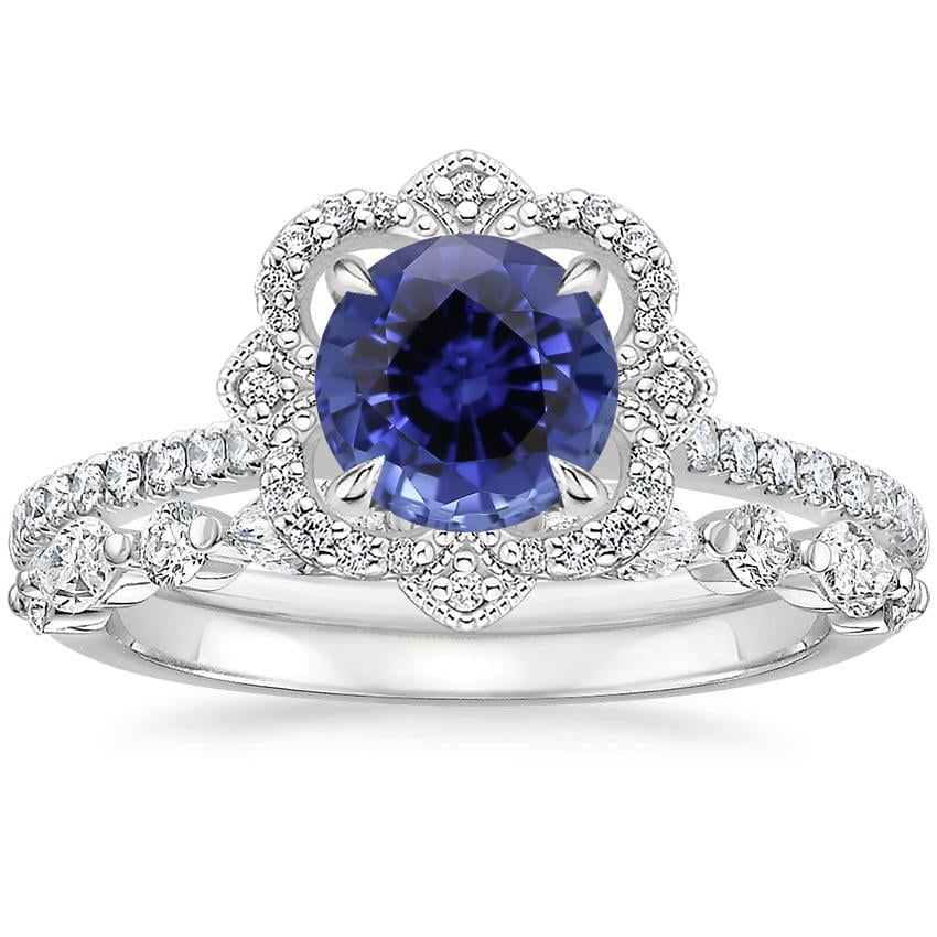 18KW Sapphire Reina Diamond Ring with Versailles Diamond Ring (3/8 ct. tw.), top view