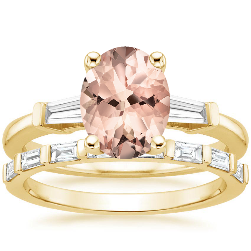 18KY Morganite Tapered Baguette Diamond Ring (1/5 ct. tw.) with Barre Diamond Ring (1/4 ct. tw.), top view