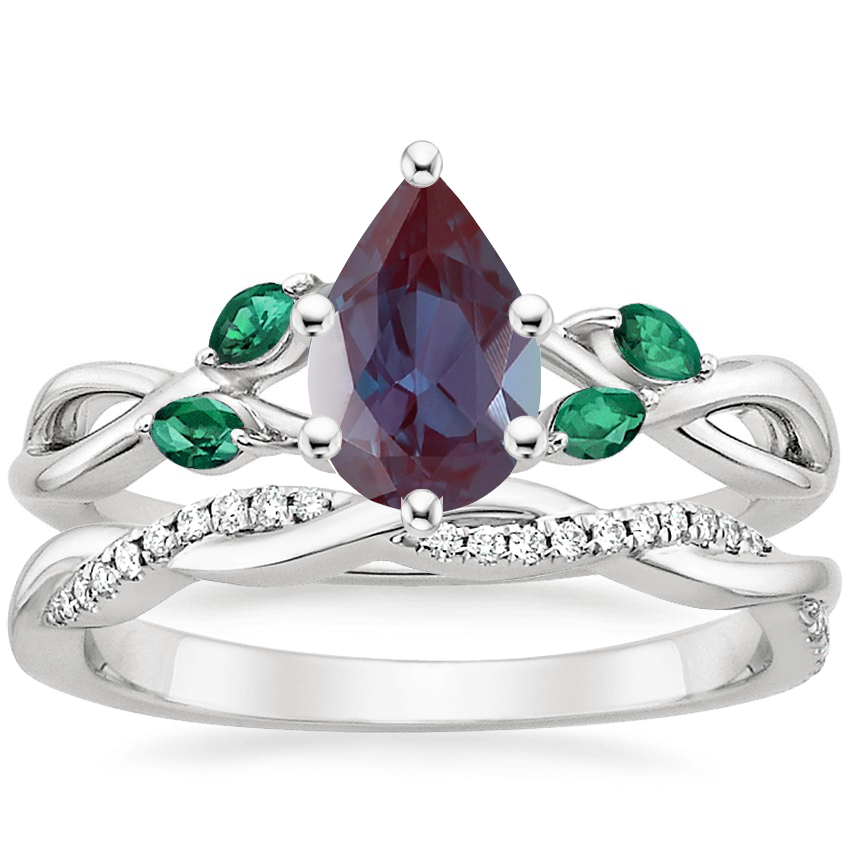 18K White Gold Willow Ring With Lab Emerald Accents with Petite Twisted Vine Diamond Ring (1/8 ct. tw.)