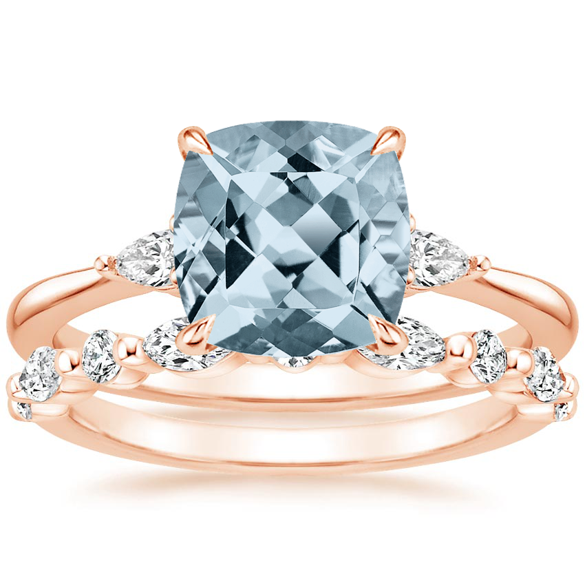14KR Aquamarine Aria Diamond Ring (1/10 ct. tw.) with Versailles Diamond Ring (3/8 ct. tw.), top view