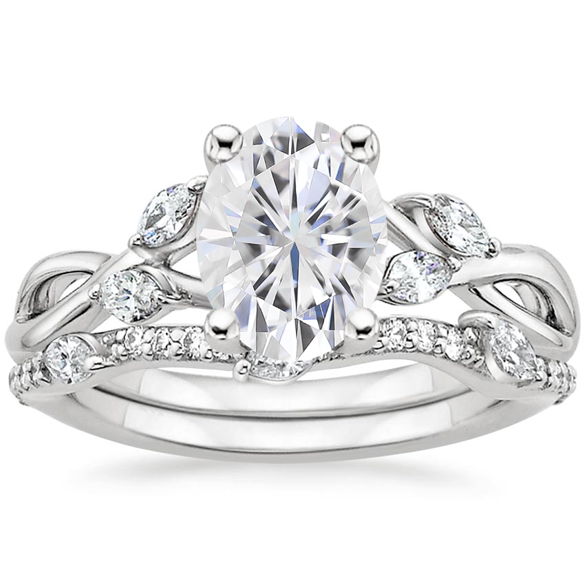 18KW Moissanite Willow Diamond Ring (1/8 ct. tw.) with Luxe Willow Diamond Wedding Ring (1/5 ct. tw.), top view