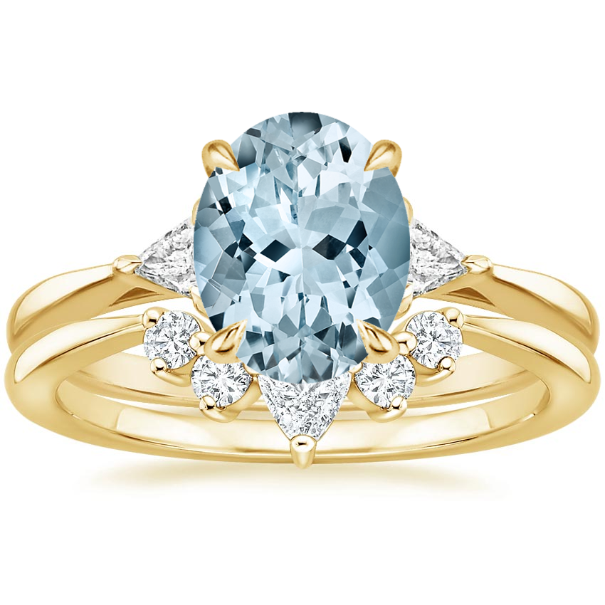 18KY Aquamarine Trillion Three Stone Diamond Engagement Ring with Hadley Contoured Diamond Ring, top view