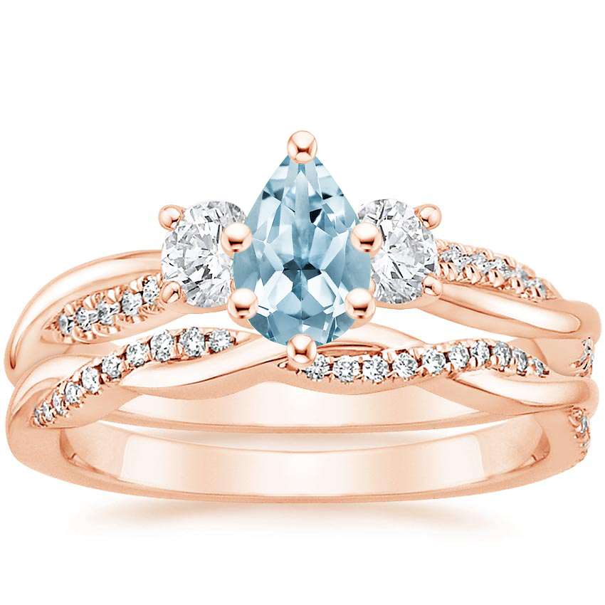 14KR Aquamarine Three Stone Petite Twisted Vine Diamond Bridal Set (1/2 ct. tw.), top view