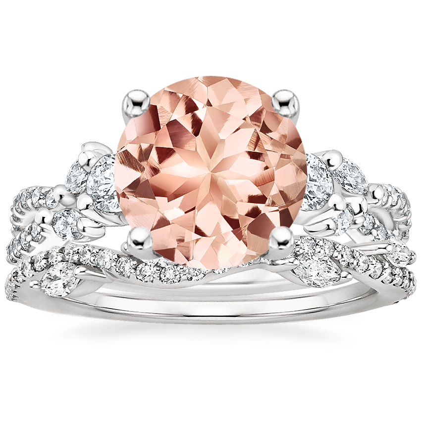 18KW Morganite Three Stone Luxe Willow Diamond Ring with Luxe Winding Willow Diamond Ring, top view
